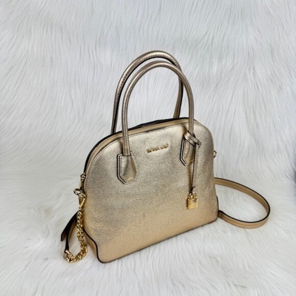 Michael Kors Mercer Metallic Gold Leather Dome Satchel Shoulder Crossbody Bag - Picture 17 of 17